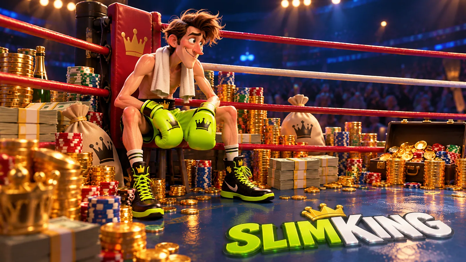 The SlimKing boxer resting in his corner surrounded by stacks of chips and cash