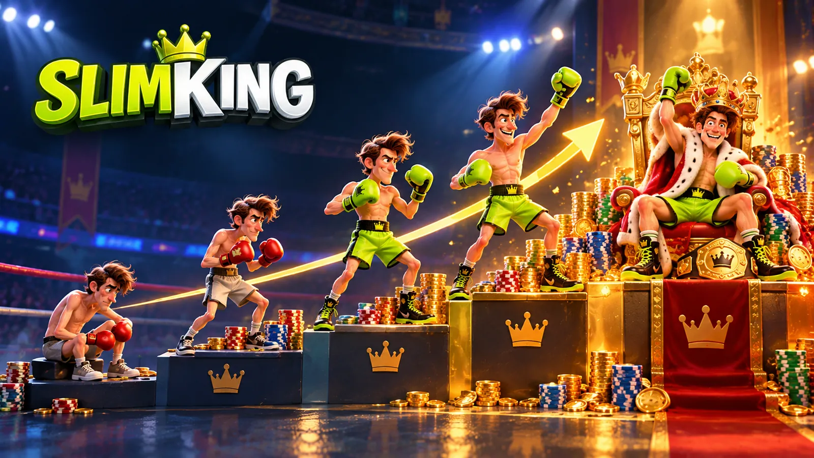 The SlimKing boxer climbing from rookie to champion on a podium of coins