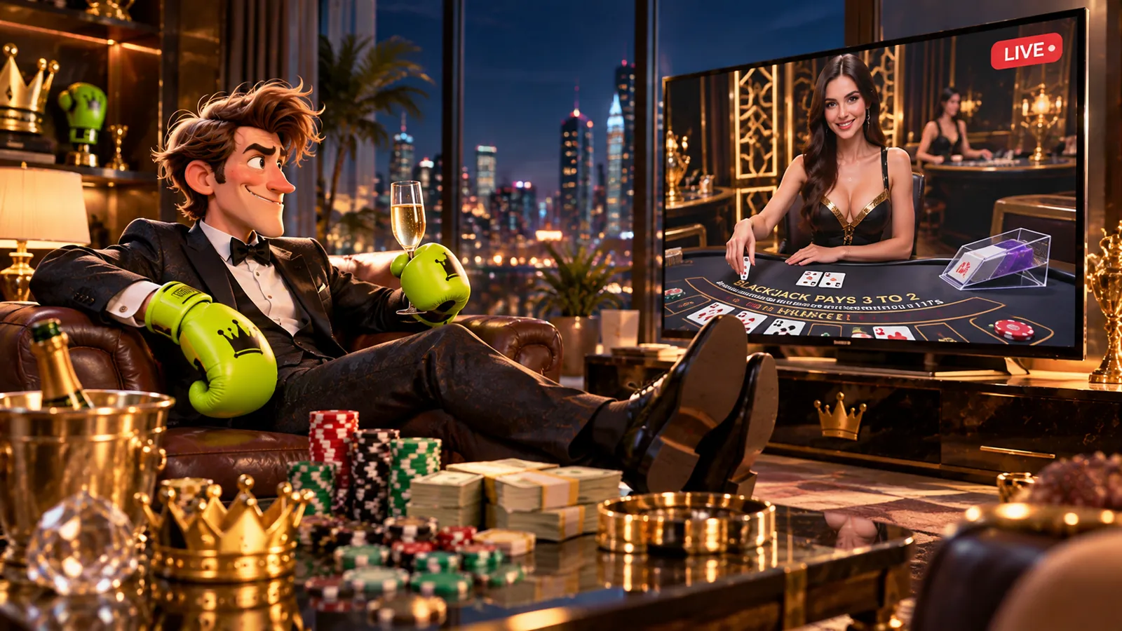 The SlimKing champion relaxing by a live blackjack table on a big screen
