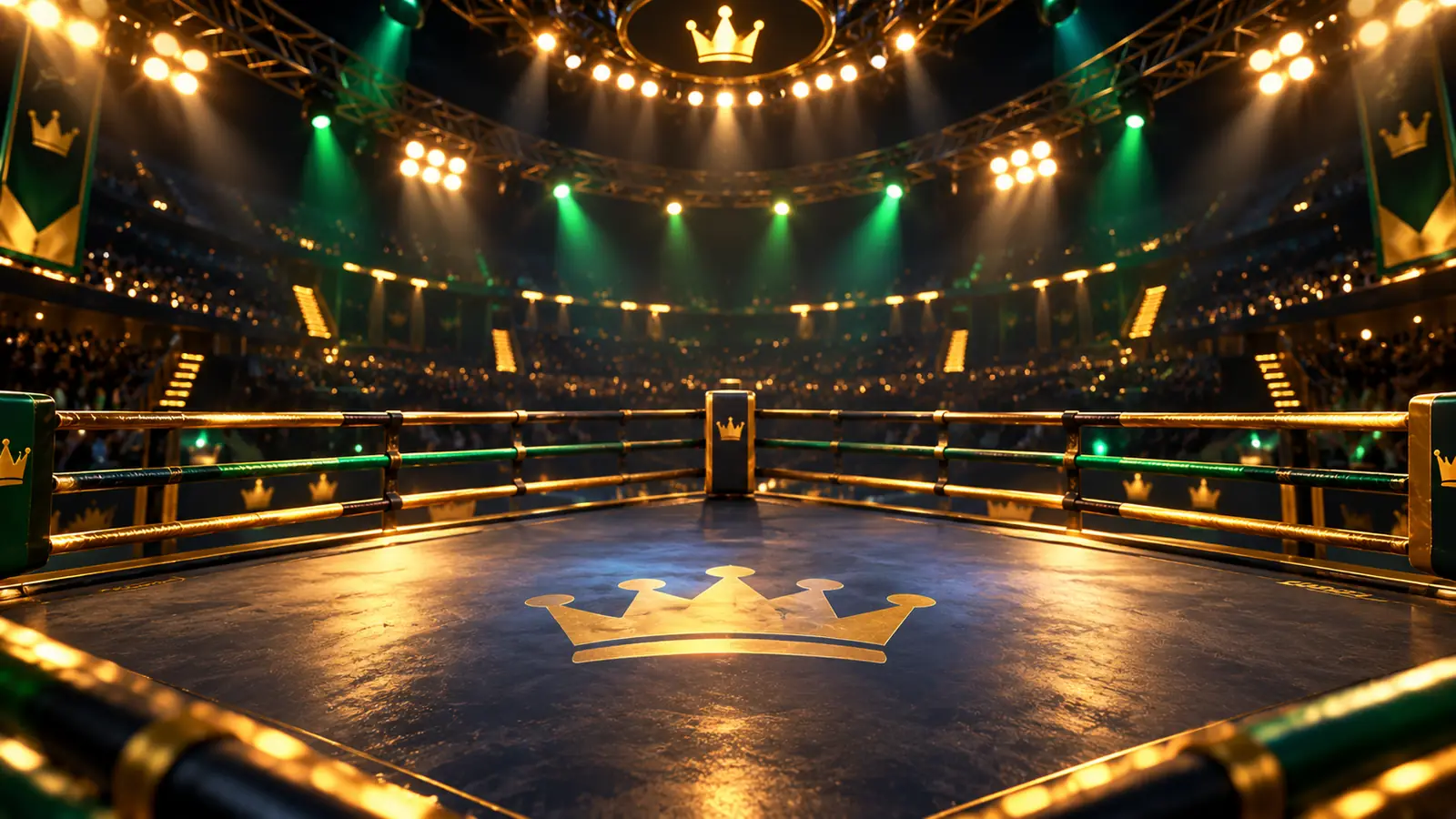 An empty SlimKing boxing ring under the arena lights